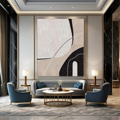 “Beige - Black - White Geometric Curves” – Geometric Abstract Painting CT1162