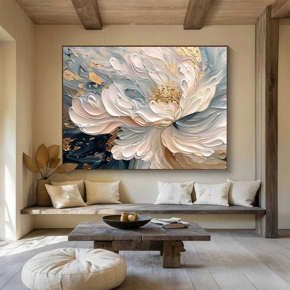 Elegant White - Gold Floral Painting On Canvas DKH682