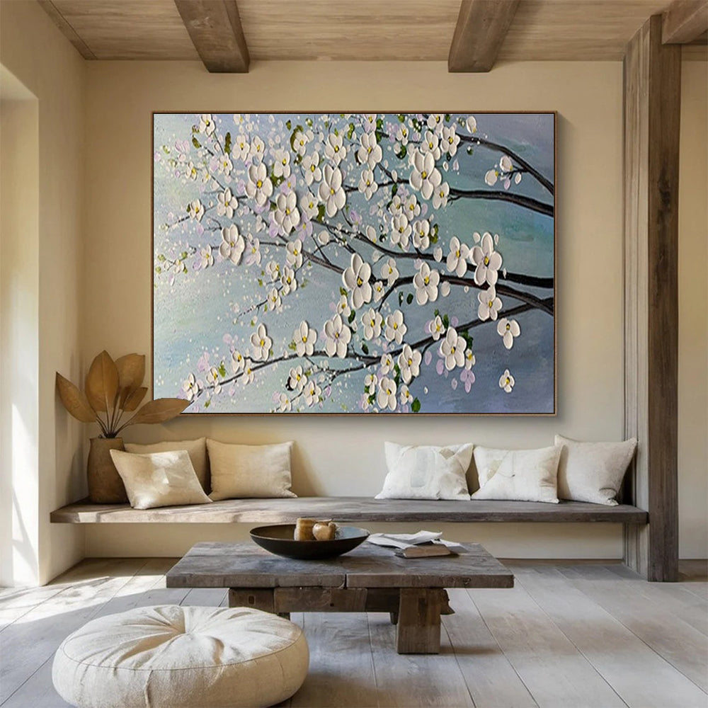 White Blossom Tree - White, Pink & Blue Floral Painting On Canvas DKH887