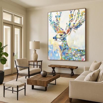 “Colorful Floral Deer” - Colorful Whimsical Animal Painting On Canvas CT2209