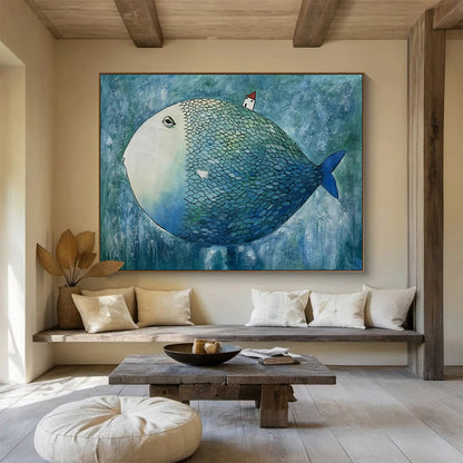 Whimsical Big Fish with House Surreal Painting On Canvas DKH218