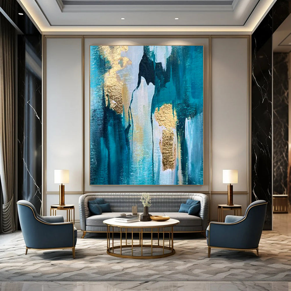 “Blue, Gold Cascading Waterfall” – Textured Abstract Art CT1007