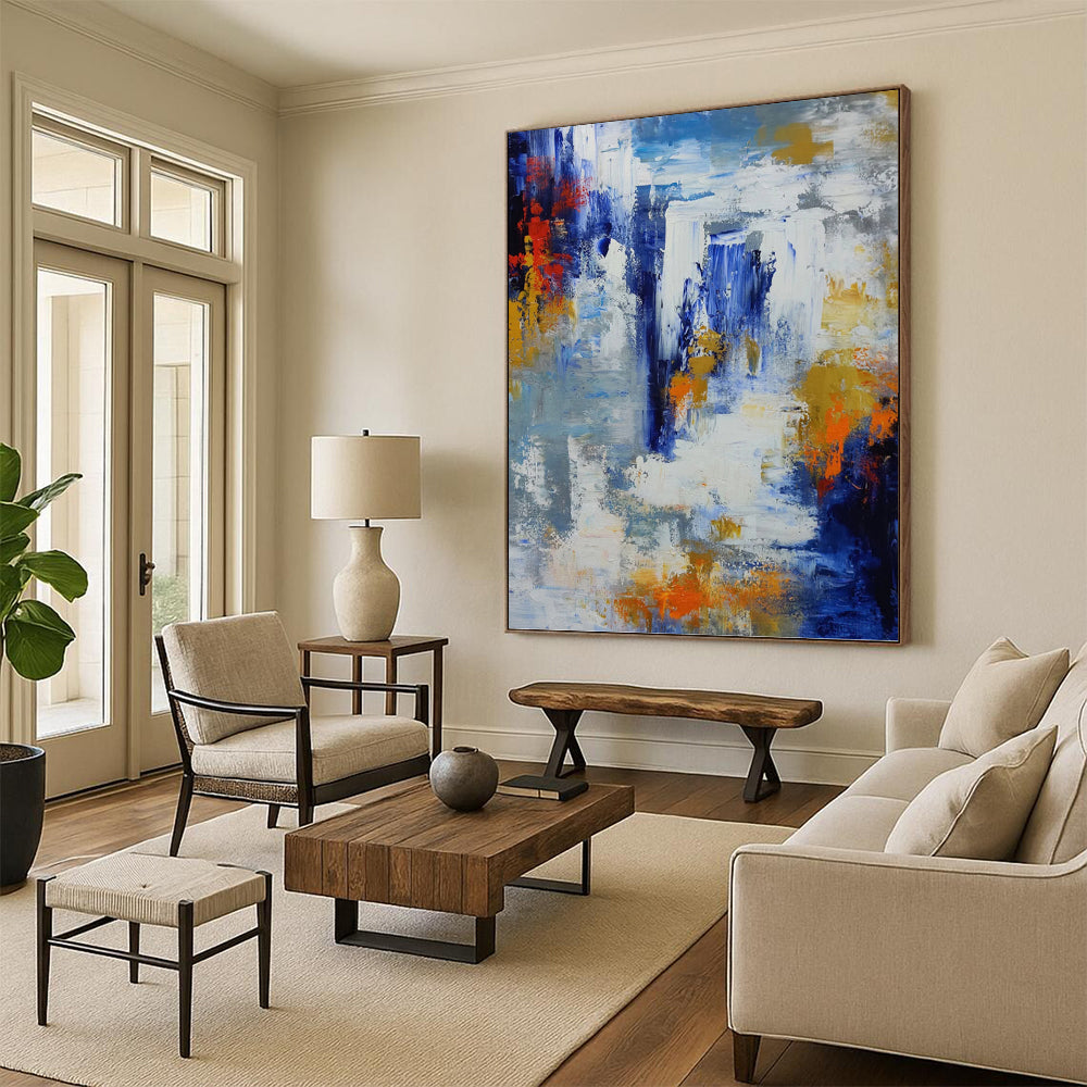 Vibrant Blue, White, and Orange Abstract - Abstract Painting On Canvas DKH1338