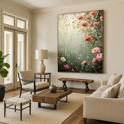 “Blush Blossoms” - Green, Pink & White Floral Waterfall Painting On Canvas DKH1553