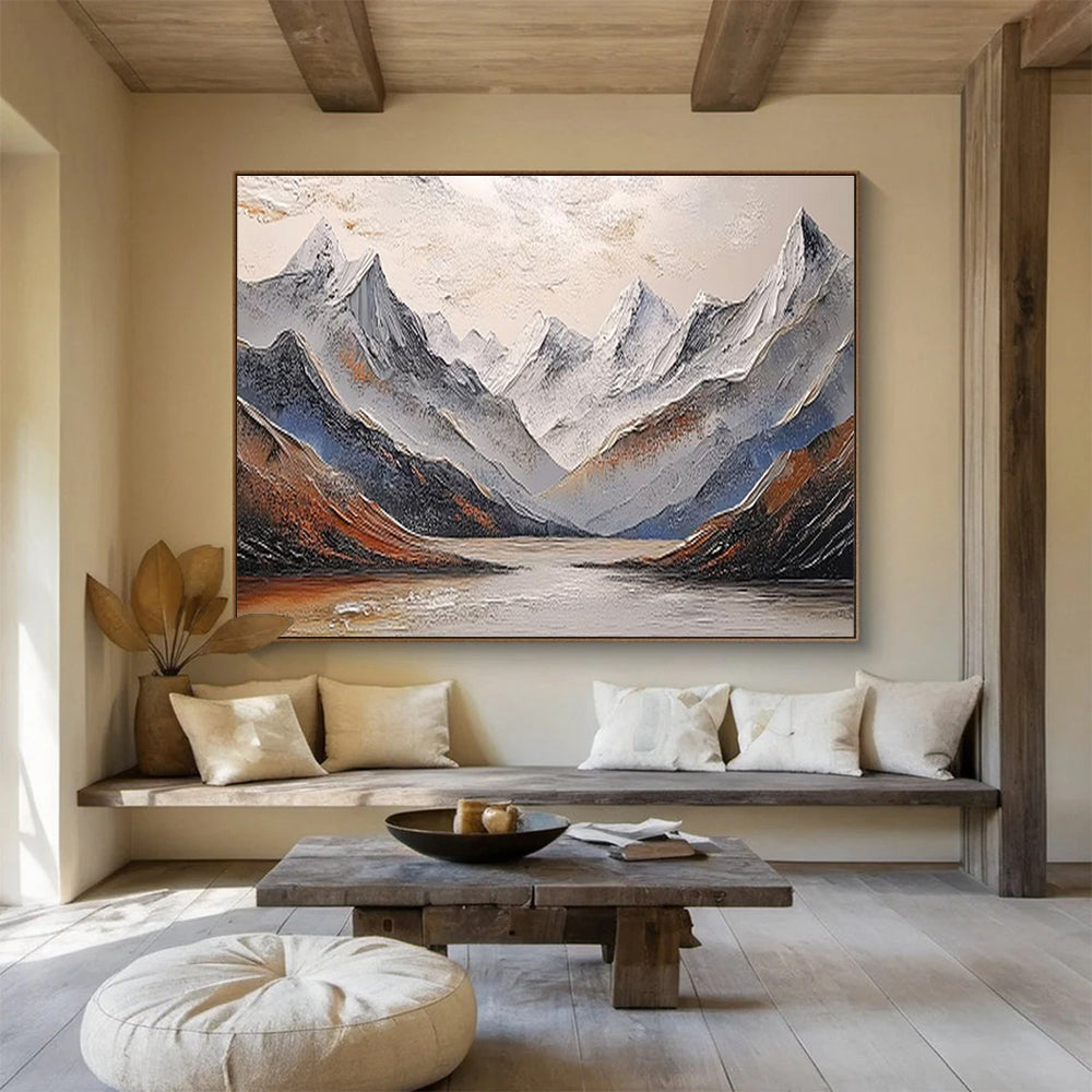 “Textured Snowy Mountain Lake” Impasto Landscape Painting On Canvas DKH456