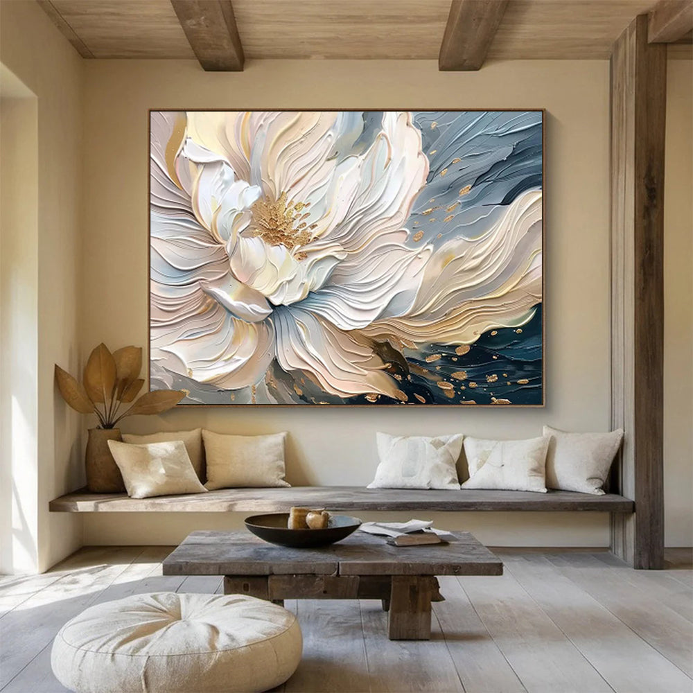 “Gilded Bloom” - White, Gold, Blue Textured Floral Impasto Painting On Canvas DKH703