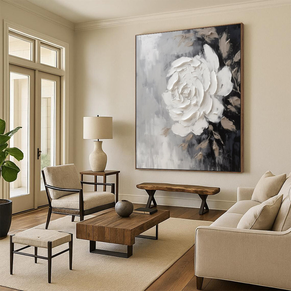 “Textured White Rose on Gray” – Floral Impasto Painting On Canvas CT2104