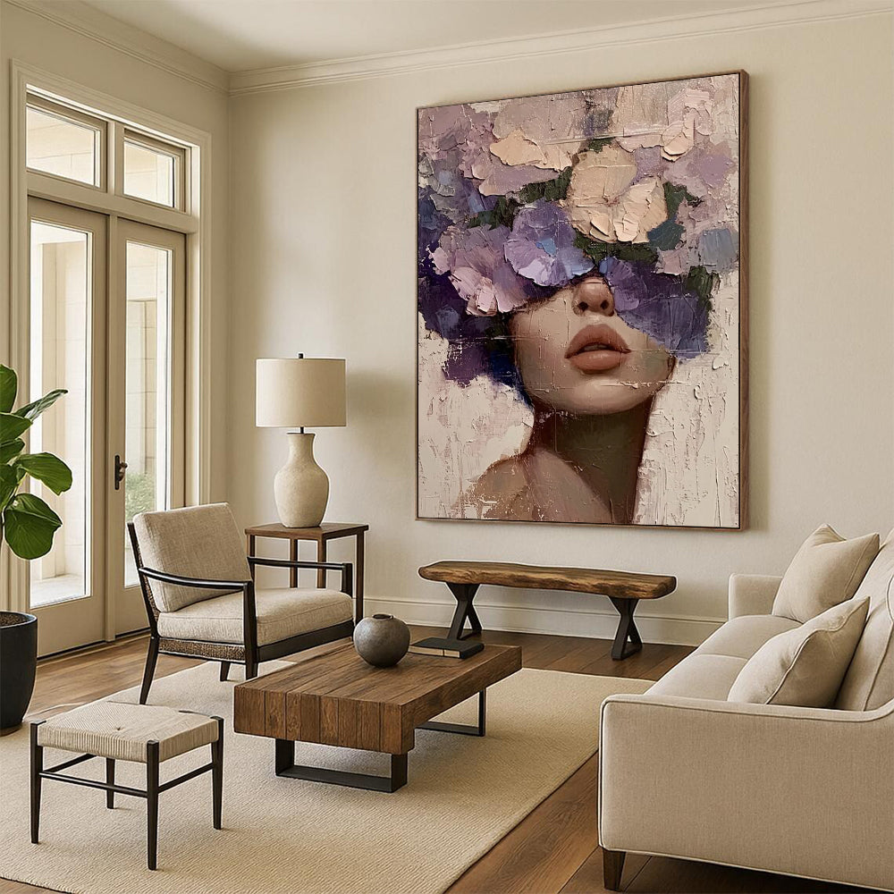 “Purple, Pink, Beige Floral Face ‘Blossom Beauty’” - Textured Figurative Painting On Canvas DTP329