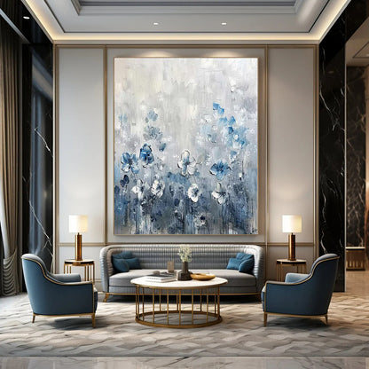 “Textured Blue - White Floral Field” – Impasto Floral Painting CT1086