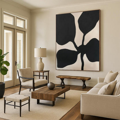 “Black Flower - like Forms on Light Background” - Minimalist Abstract Painting On Canvas DKH1077