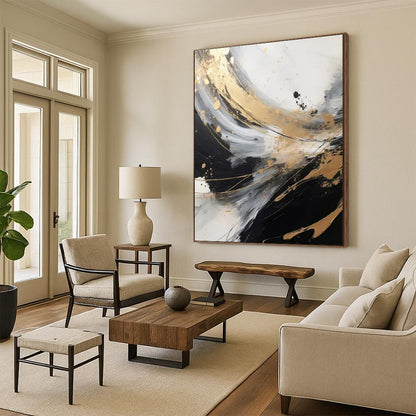 “Black - White - Gold Swirling Textures” ，Abstract Acrylic Painting CT0847