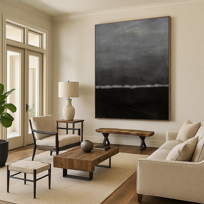 “Black & Gray Minimalist Horizon” - Black & Gray Abstract Minimalist Painting On Canvas DKH1202