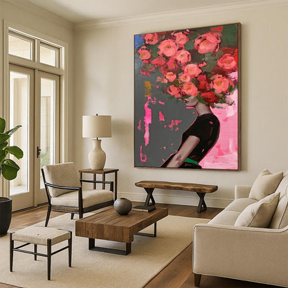 “Pink Flowers on Gray - Pink” - Pop - Surrealist Portrait Art CT1952