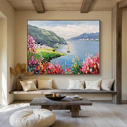 Lakeside Village with Blossoms - Impressionist Landscape Painting On Canvas DLZ209