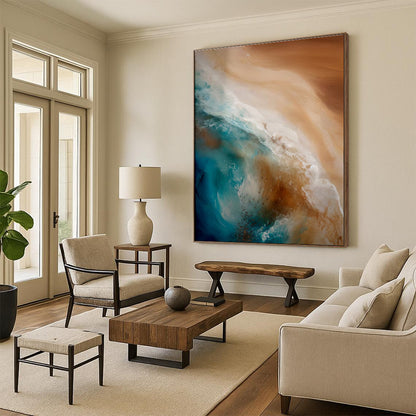 Blue, Beige & White Ocean Waves, “Coastal Flow” - Fluid Acrylic Seascape Painting CT0765