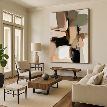 Earth Tones & Black Shapes - Abstract Geometric Painting On Canvas DKH1240