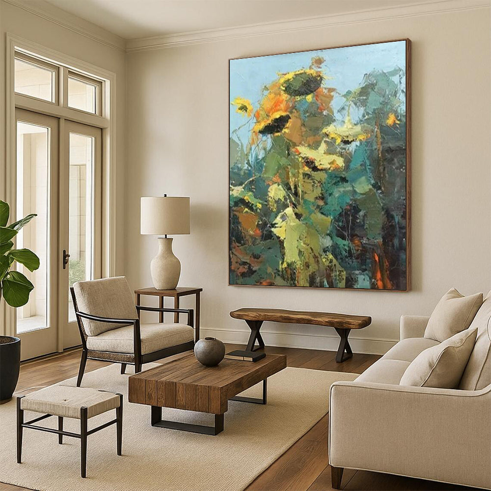 Impasto Sunflower Blooms, “Sunflower Symphony” - Impressionistic Abstract Oil Painting CT0732