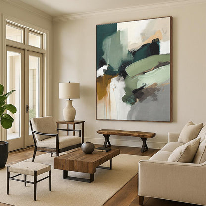 Green - Brown Abstract Shapes, “Nature’s Chaos” - Abstract Expressionist Acrylic Painting CT0737
