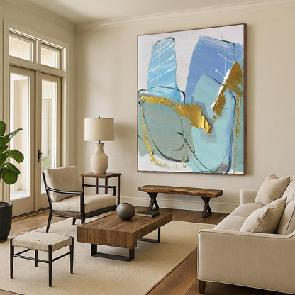 “Blue - Gold - Gray Geometric Abstraction” ，Abstract Acrylic Painting CT0796