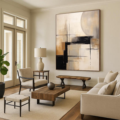 “Black, White, Beige Geometric Abstraction ‘Structured Serenity’” - Textured Abstract Painting On Canvas DTP356