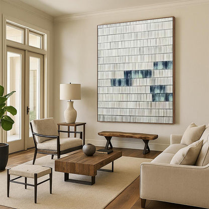 “Blue - Accented Textured Stripes” - Gray & Blue Minimalist Textured Painting On Canvas DKH1033