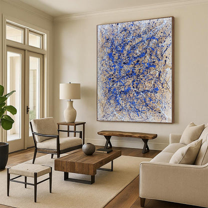 “Blue Drip Chaos” - Blue & White Abstract Drip Painting On Canvas DKH1580