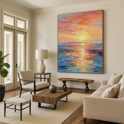 “Sunset Hues, Ocean Reflections” - “Sunset Serenade”，Impressionistic - Abstract Oil Painting CT0687