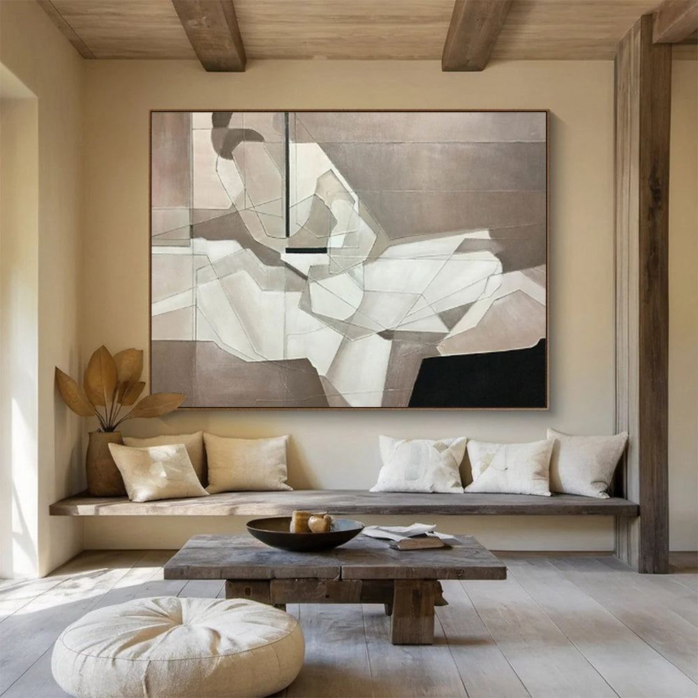 “Monochrome Geometric Abstraction” Cubist - Inspired Painting On Canvas DKH350