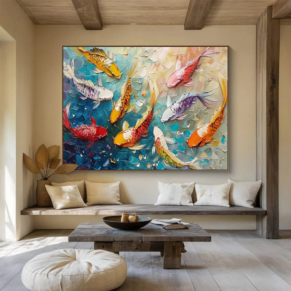 “Koi Celebration” - Colorful, Textured Fish & Water Impasto Painting On Canvas DKH705