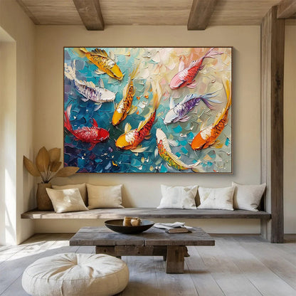 “Koi Celebration” - Colorful, Textured Fish & Water Impasto Painting On Canvas DKH705