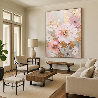 Pink, Gold and White Floral Elegance - Impasto Flower Painting On Canvas DKH1390