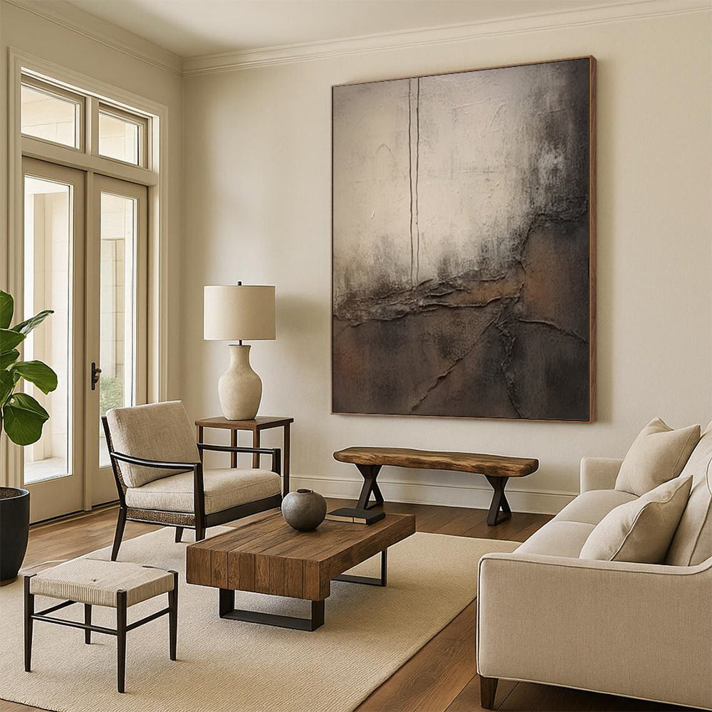 “Gray, Brown Textured Abstraction ‘Worn Narratives’” - Mixed - Media Abstract Painting On Canvas DTP355