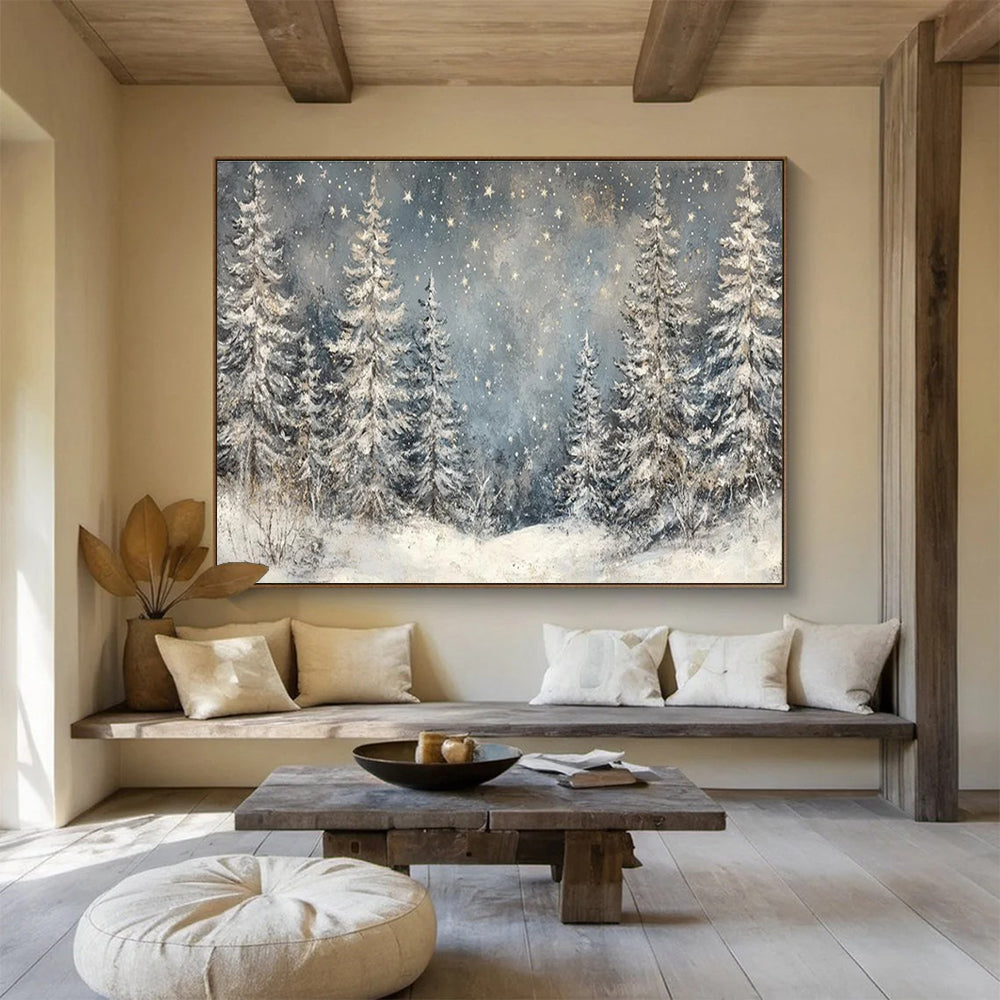 “Snowy Forest Starry Night” - Enchanting Winter Painting On Canvas DKH810
