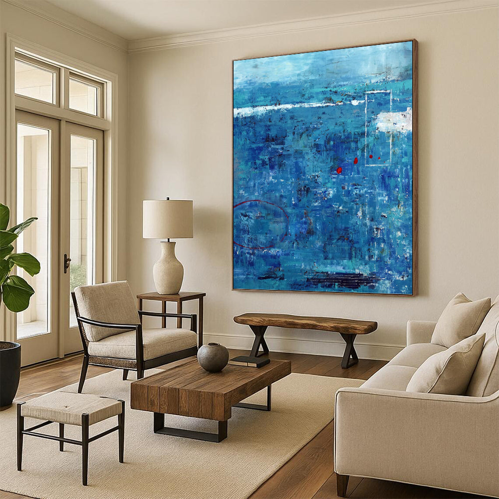 “Blue - Dominant Textured Abstract with Red Accents” - Expressive Abstract Painting On Canvas DKH1100