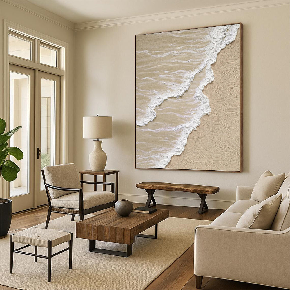 Beige and White Textured Seashore Painting On Canvas DKH1143