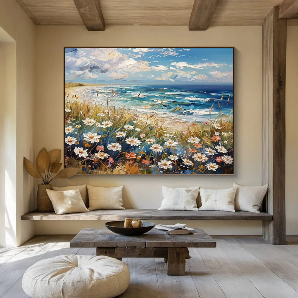 “Seaside Wildflowers”：Impasto Coastal Landscape Painting On Canvas DKH255