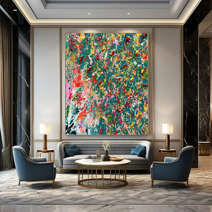 Vivid Color Splash on Teal - Abstract Expressionist Painting CT1220