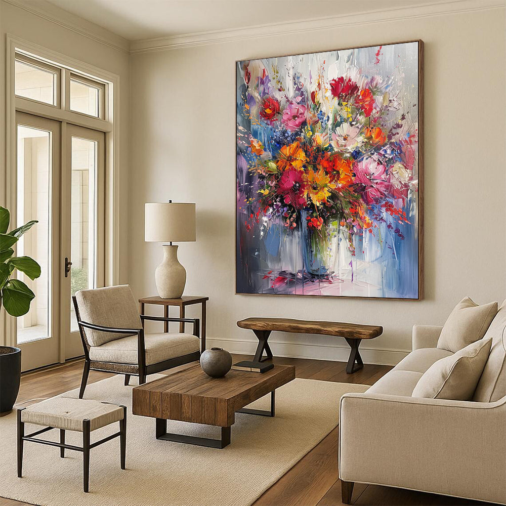 “Colorful Floral Explosion” - Multicolor Floral Painting On Canvas DTP260
