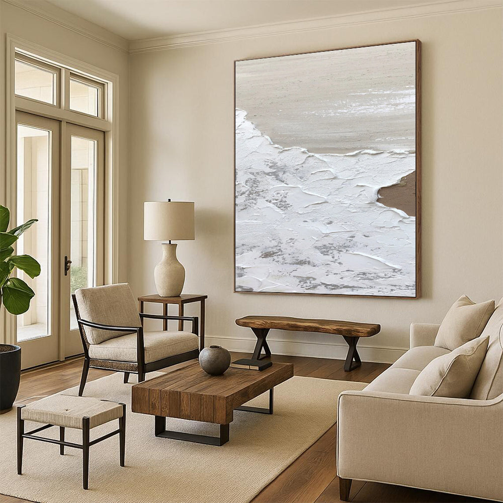 “White, Beige, Gray Textured Layers ‘Ethereal Landscape’” - Impasto Abstract Painting On Canvas DTP374