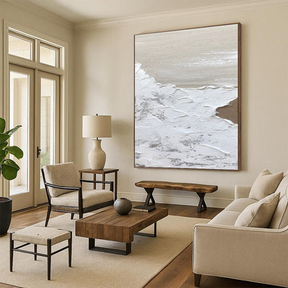 “White, Beige, Gray Textured Layers ‘Ethereal Landscape’” - Impasto Abstract Painting On Canvas DTP374