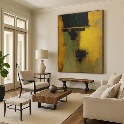 Gold, Green & Brown Abstract Forms, “Earthy Elegance” - Mixed - Media Abstract Painting CT0754