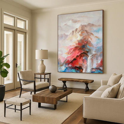 Colorful Mountain and Waterfall Landscape - Expressive Landscape Painting On Canvas DKH1348