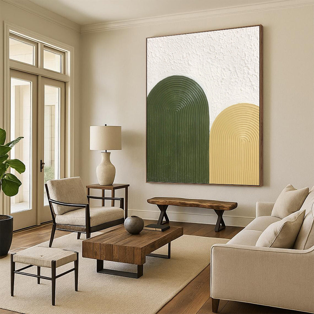 “Olive & Mustard Arches” - Green & Yellow Textured Curves Painting On Canvas DKH1176