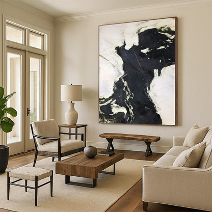 “Black & White Marble - like Abstraction” - Monochromatic Abstract Painting DKH1046