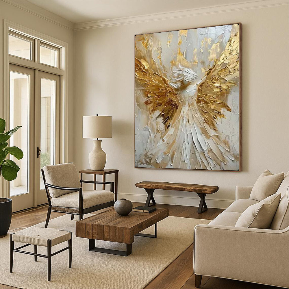 “Golden - Winged Angel” – Textured Religious - Inspired Oil Painting On Canvas CT2135