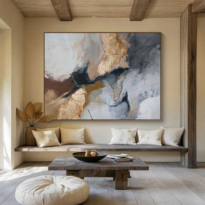 “Gray - Gold Abstract Cracks” Abstract Acrylic Painting On Canvas DKH518