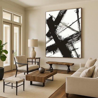 Black - on - White Jagged Lines, “Chaotic Framework” - Abstract Ink Painting CT0716