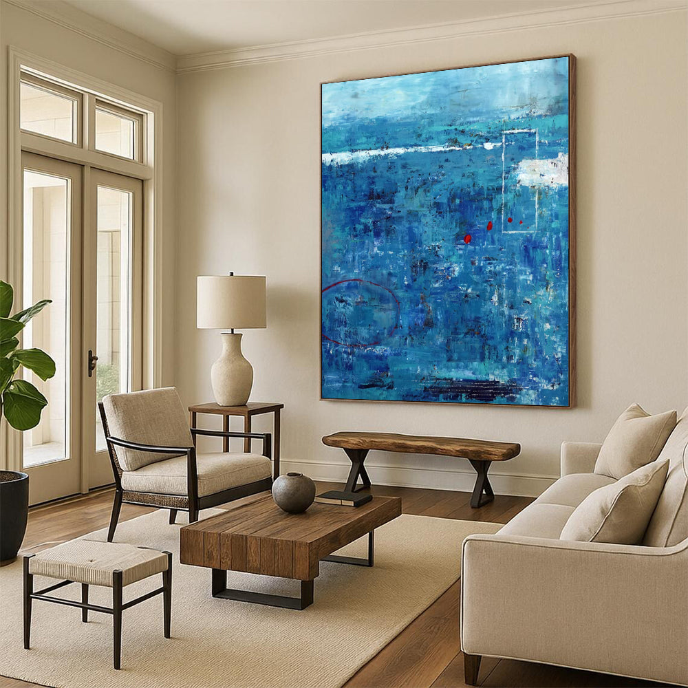 “Oceanic Abstract - Blues, Reds, and Textured Layers” Painting On Canvas CT2389