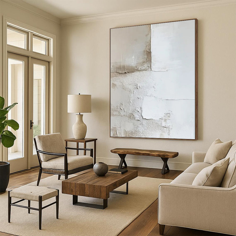 “White & Beige Plaster - Like Abstract” Painting On Canvas DKH0977