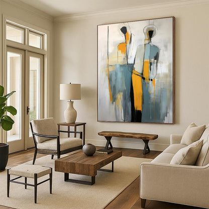 “Abstract Figures” - Gray, Orange & Blue Abstract Painting On Canvas CT2232